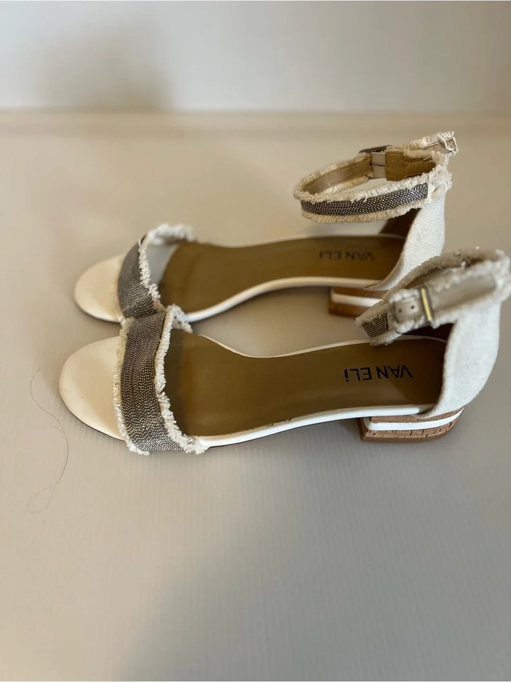 Van Eli White Sandals with Taupe Beaded Front Strap